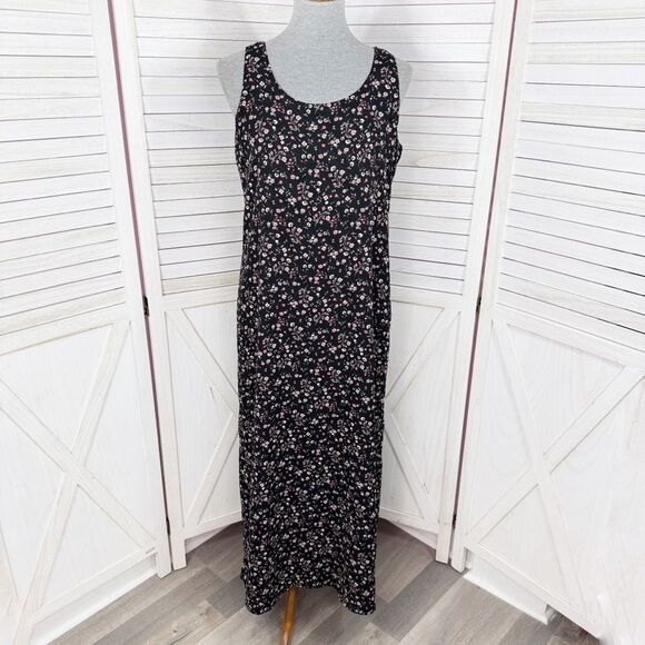 Vintage 90s Y2K Kathie Lee Floral Sleeveless Shift  Maxi Dress Black Pink Medium - Picture 1 of 12